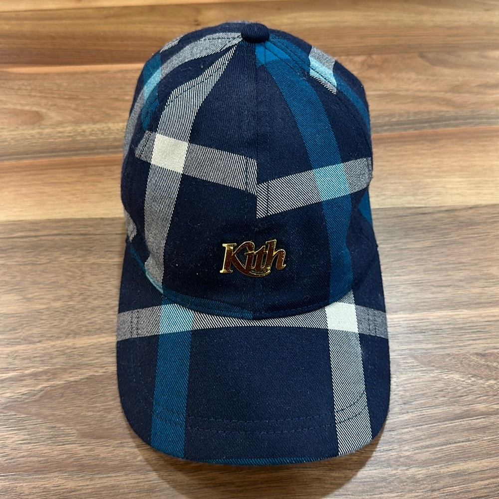 KITH RARE gold logo navy plaid wool hat
